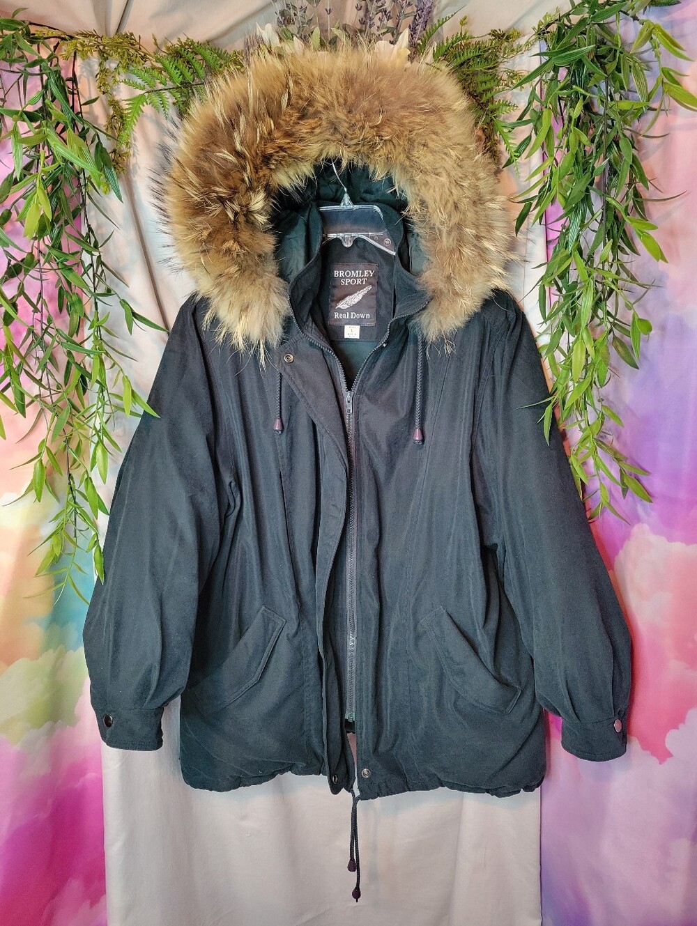 Vintage Bromley Sport Dark Green Down Winter Coat Jacket W/ Fuzz Hood
